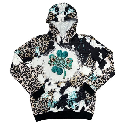 Teal Clover Animal Print Bleached Adult Unisex Hoodie