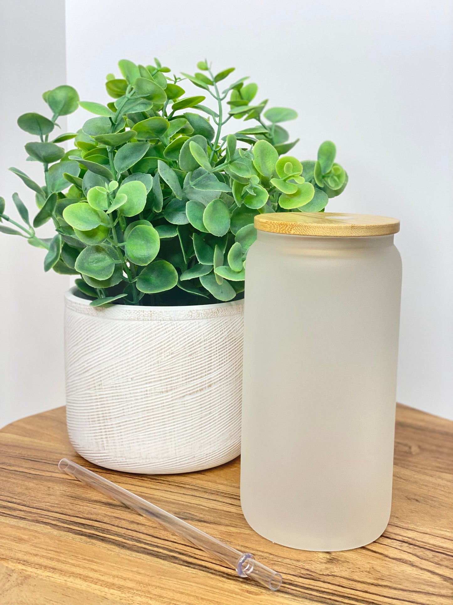 CASE DEALS! Frosted Glass Can 16 Oz w/ Bamboo Lid