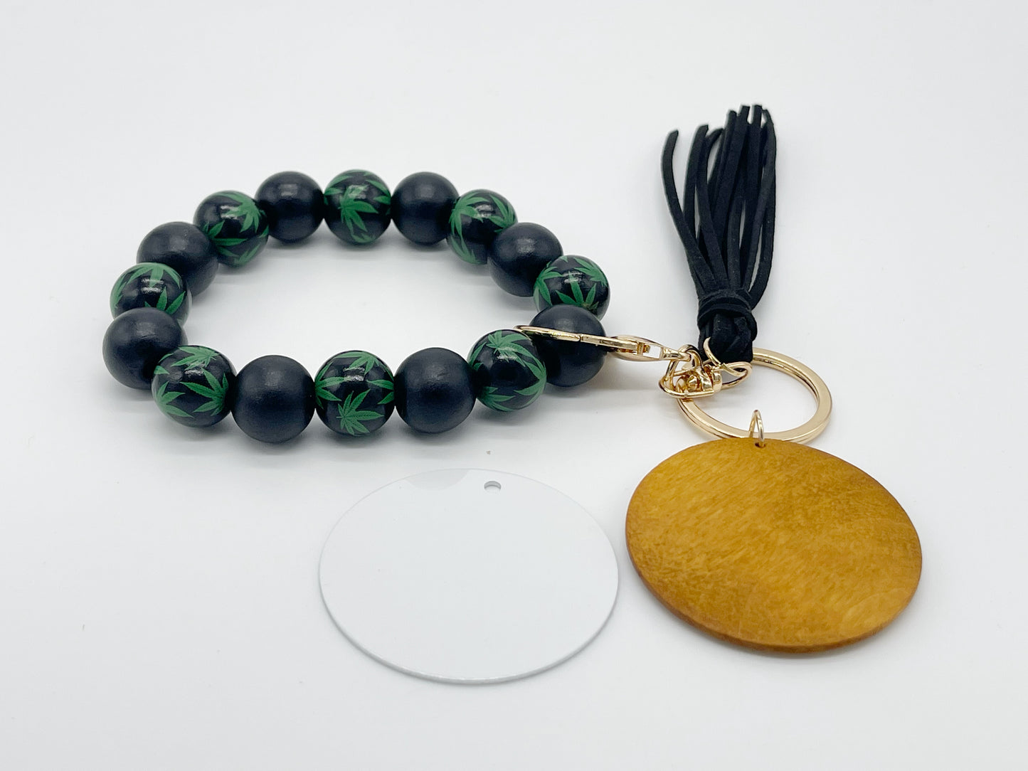 Cannabis Leaves Wood Bead Bracelet KeyChain w/ Wood & Aluminum Sublimation Disc